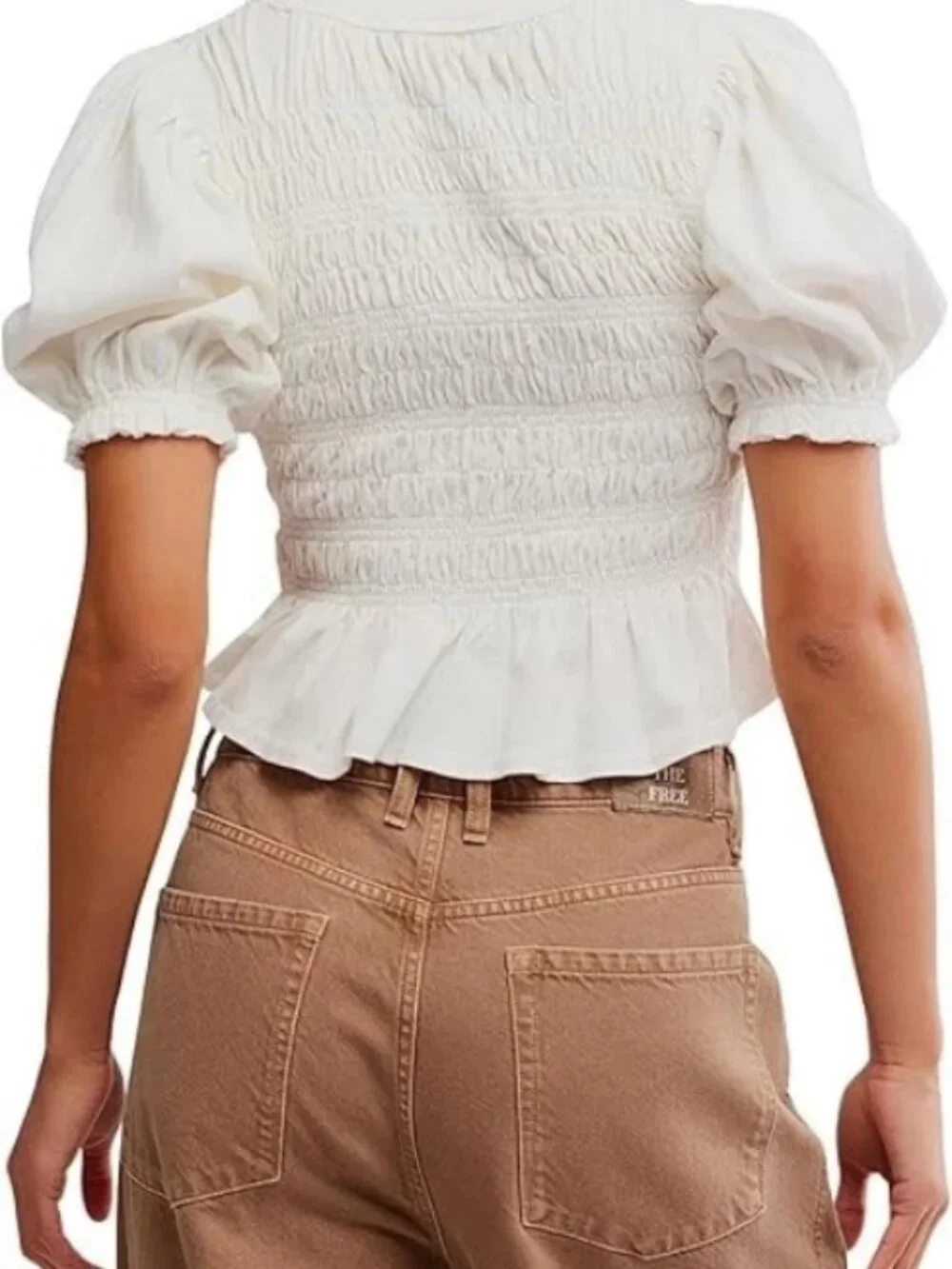 Free People Maxey Knit Top Smocked Cropped Fitted Puff Sleeve Ivory S